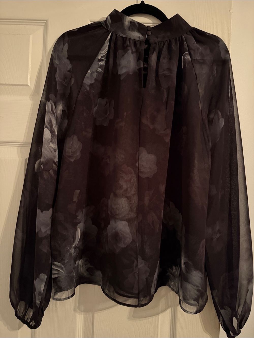 White House Black Market Black Sheer Floral Long-Sleeve Blouse - Picture 3 of 3